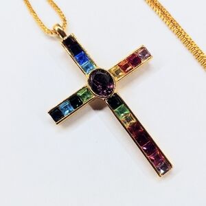 Vintage 2" Rhinestone Cross Pendant Necklace Signed PSCO Like New